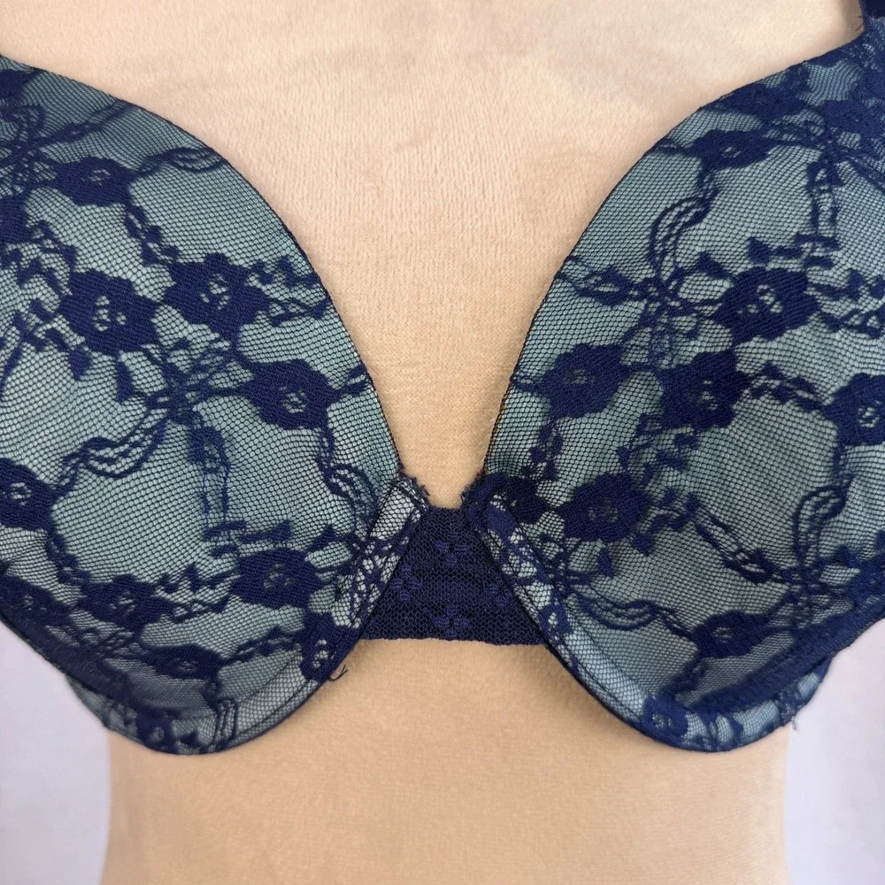 Victorias Secret Lined Perfect Coverage‎ Bra 38C Navy Blue Aqua Floral Lace